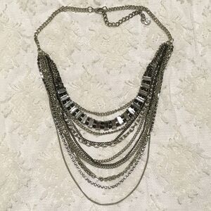 Silver tone Multi Chain Drapey Statement Necklace Waterfall Rhinestones Elegant